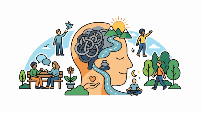 Metaphorical human head with nature self-care and social interactions