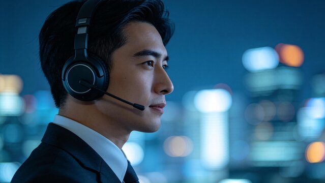 Man in suit with headset against city lights