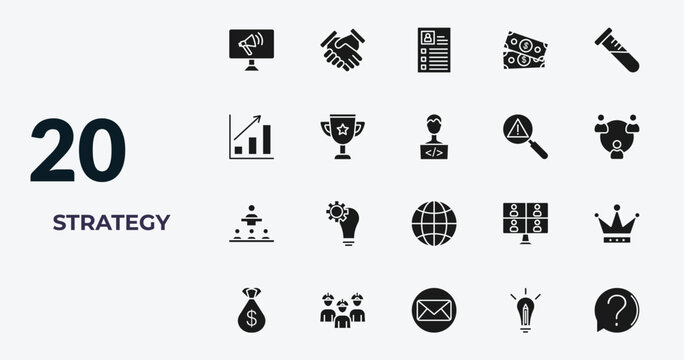 filled strategy icons set - advertising, deal, resume, creative. editable vector for web and mobile ui
