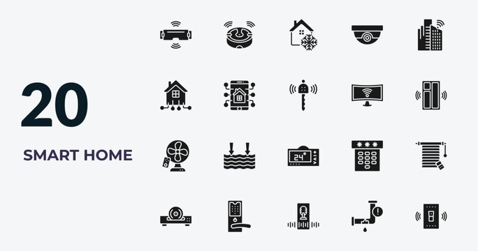 filled smart home icons set - vr technology, robot vacuum cleaner, freeze, leak. editable vector for web and mobile ui