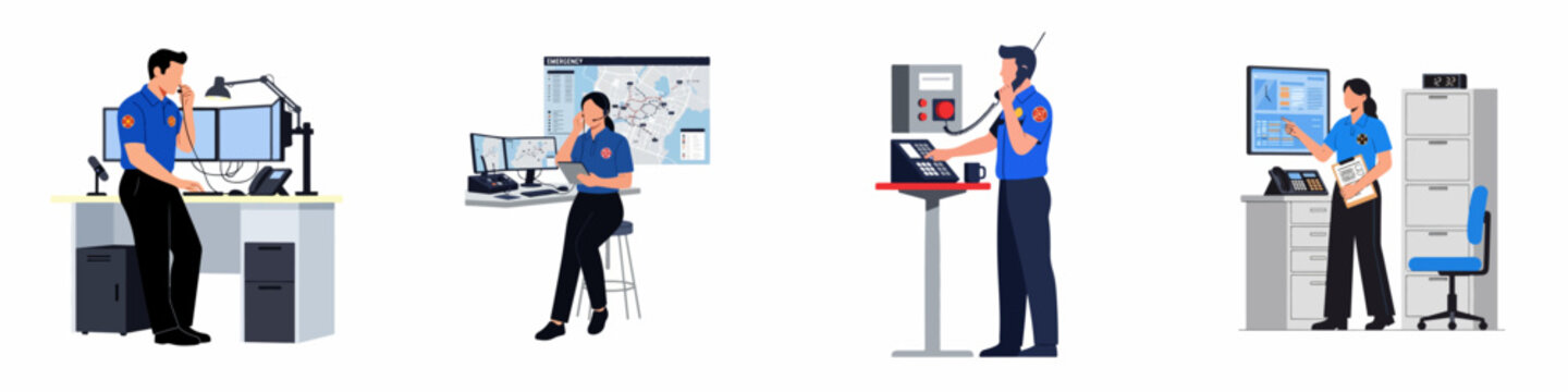 Professional emergency dispatchers and call center operators working in a communication center, handling calls and monitoring data in flat illustration style.
