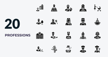 Fototapeta premium filled professions icons set - civil engineer, programmer, firefighter, concierge. editable vector for web and mobile ui