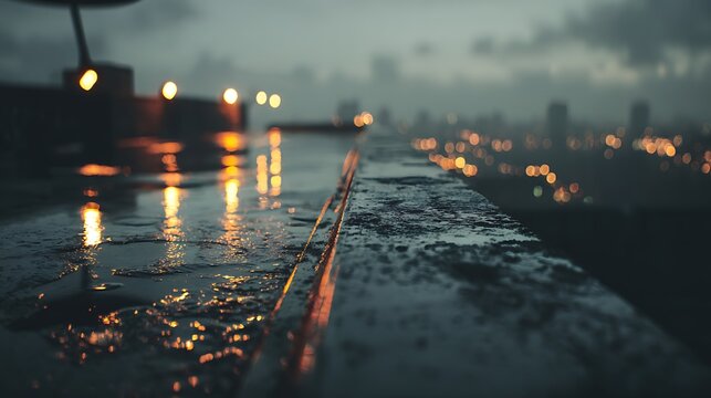 Rainy evening cityscape view from a dark rooftop balcony.