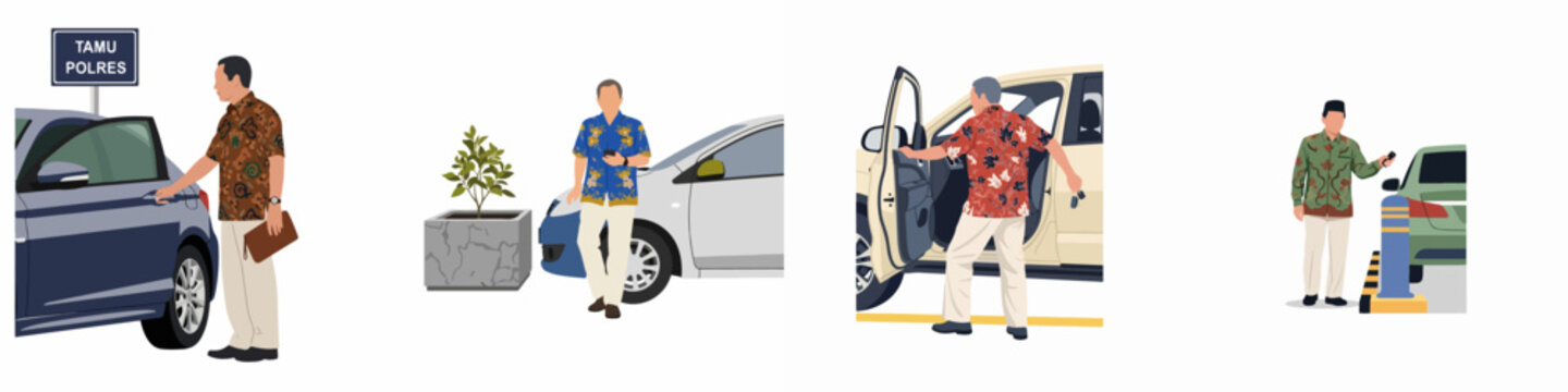 Flat illustration set of Indonesian men wearing batik shirts with cars in various everyday scenarios like parking and arriving.