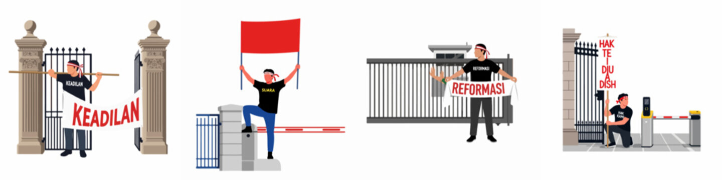 Set of flat vector illustrations depicting Indonesian activists protesting for justice, reform, and human rights with banners and flags at government gates.