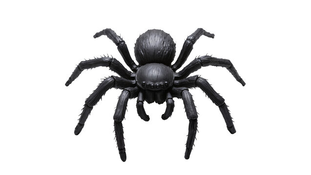 Isolated black tarantula spider toy, scary insect, Halloween decoration, creepy plastic bug
