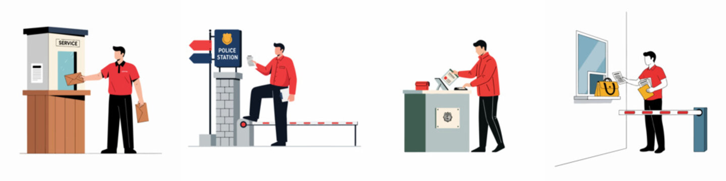 Illustrations of a professional service worker performing various tasks at a police station, service booth, and administrative checkpoints for official document delivery.