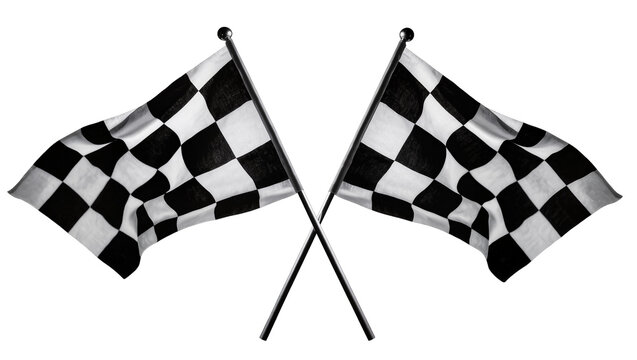 Isolated two classic checkered flags crossed, representing speed, racing, and triumph