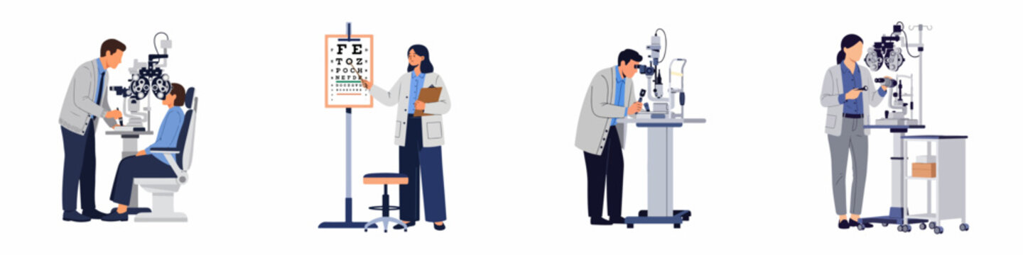 Set of ophthalmologists and optometrists performing eye exams and vision tests using medical equipment, flat vector illustrations isolated on white.