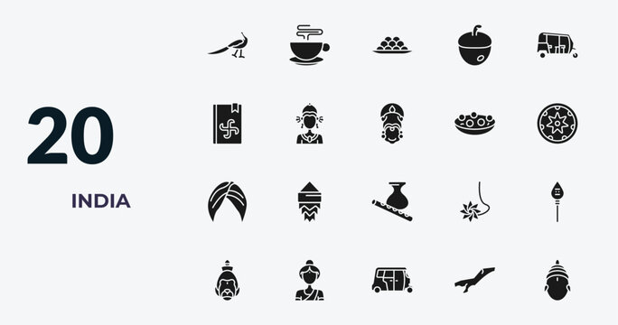 filled india icons set - peacock, indian tea, indian sweets, assam. editable vector for web and mobile ui