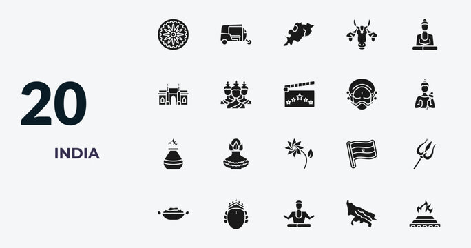 filled india icons set - ashoka, ricksaw, odisha, . editable vector for web and mobile ui