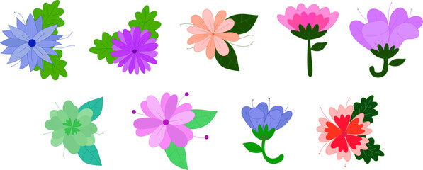 A charming vector collection of nine colorful hand-drawn floral icons with green leaves isolated on a plain white background. © Vivid Pixel Studio.