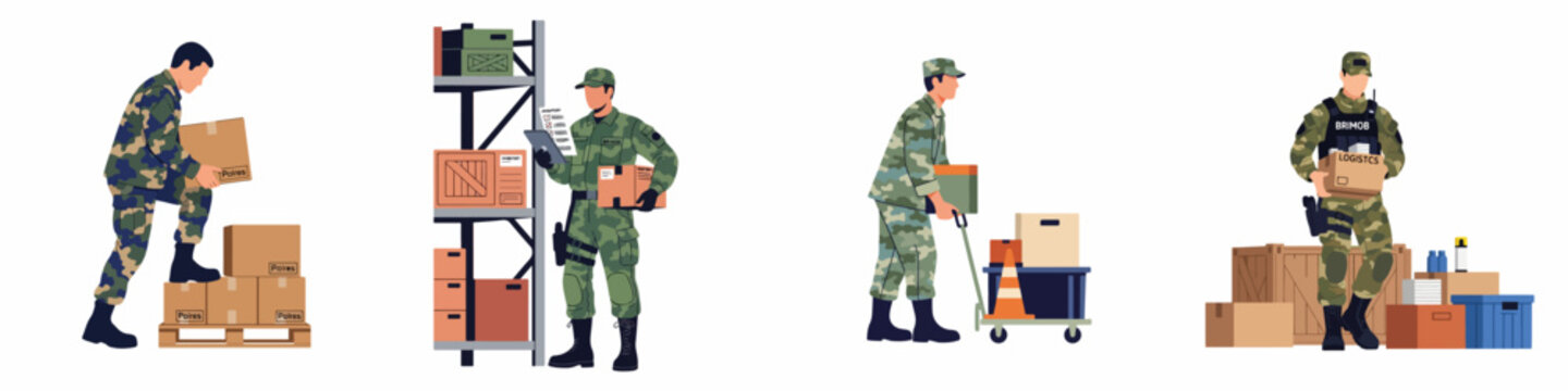 Set of illustrations depicting military personnel performing logistics tasks, including moving boxes, checking inventory, and managing supplies in a warehouse setting.