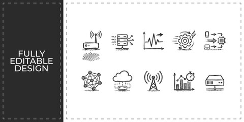 Naklejka premium Business analytics and digital connectivity hand drawn icons featuring wifi router and growth charts for corporate technology and internet service marketing