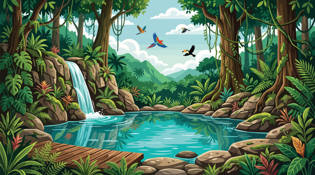 Beautiful Tropical Rainforest Jungle Landscape with Waterfall Pond and Exotic Birds Flying in Wild Nature Background