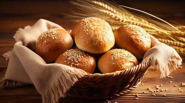 Gourmet sesame seed buns in woven basket with decorative wheat ears on wooden background.