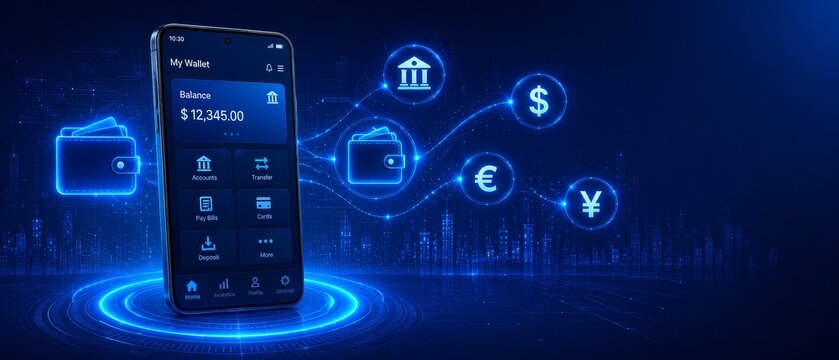 Futuristic digital banking interface on smartphone with qr payment and blockchain technology in blue neon lights