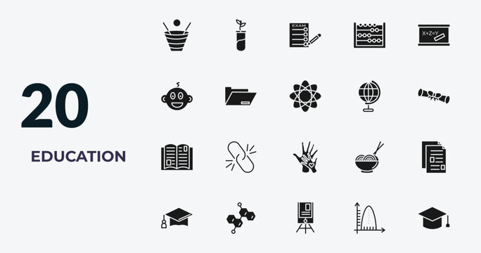 filled education icons set - spacetime curvature, plant sample, exams, ballistic. editable vector for web and mobile ui