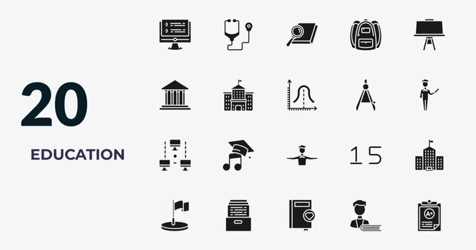 filled education icons set - online test, cardiology tool, book and magnifying, student and books. editable vector for web and mobile ui