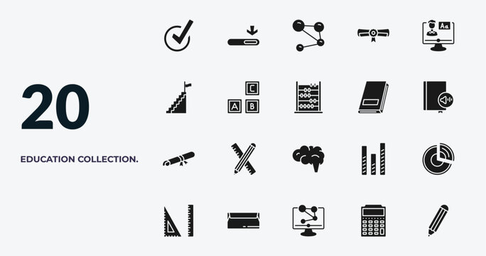 filled education collection. icons set - check mark, window scrolling medium, molecular bond, small calculator. editable vector for web and mobile ui