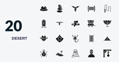 filled desert icons set - desert hat, stones, bull skull, bandit. editable vector for web and mobile ui © IconArt