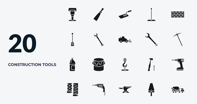 filled construction tools icons set - rammer, putty knife, trowel, gardening palette. editable vector for web and mobile ui