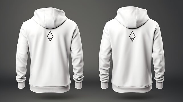 White hoodie mockup with small geometric diamond logo on upper back.