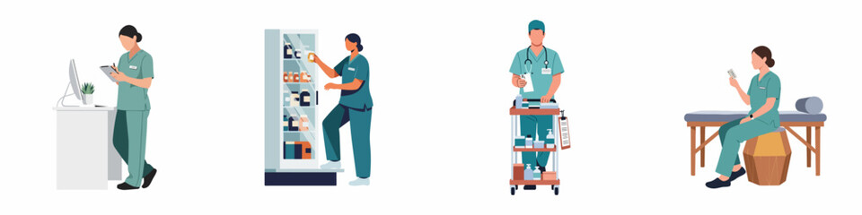 Flat vector illustration set of healthcare professionals in teal scrubs performing various medical tasks, including medication dispensing and patient record management. © Sugik