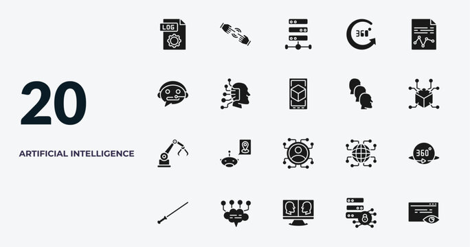 filled artificial intelligence icons set - log file, finger control, big data, data security. editable vector for web and mobile ui