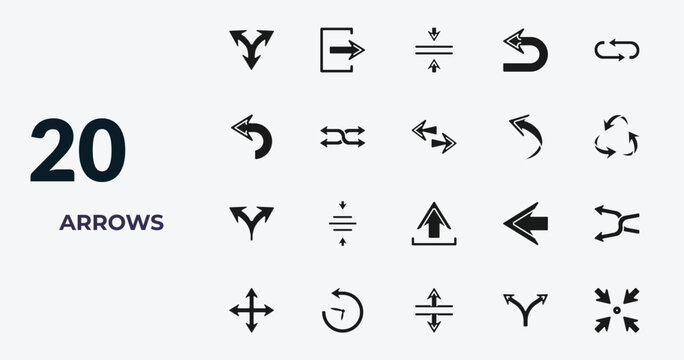 filled arrows icons set - split triangle, exit right, vertical merge, divide. editable vector for web and mobile ui