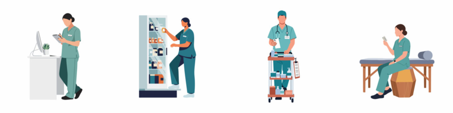 Flat vector illustration set of healthcare professionals in teal scrubs performing various medical tasks, including medication dispensing and patient record management.