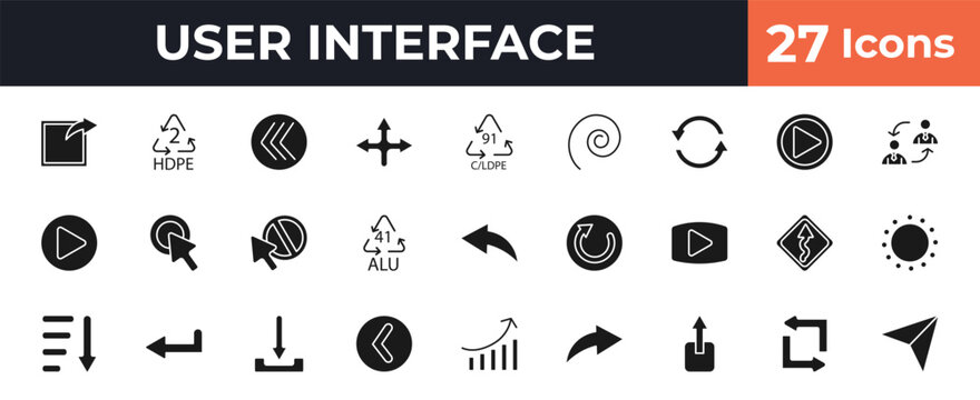 filled user interface icons set - export arrow, hdpe 2, 91 c/ldpe, replay arrows. editable vector for web and mobile ui