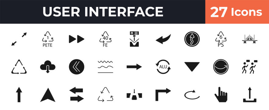 filled user interface icons set - scale arrows, 1 pete, bending, mouse cursor. editable vector for web and mobile ui