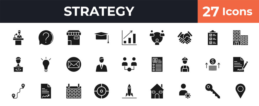 filled strategy icons set - speech, question, growth, key. editable vector for web and mobile ui