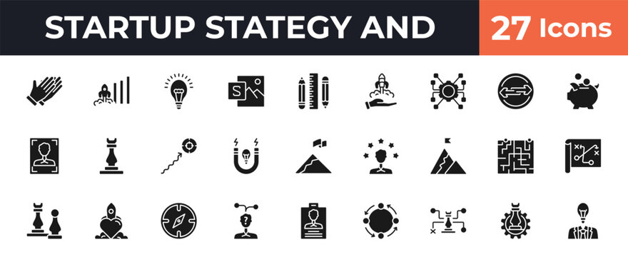 filled startup stategy and icons set - clap, increase, stationery, strategy management. editable vector for web and mobile ui