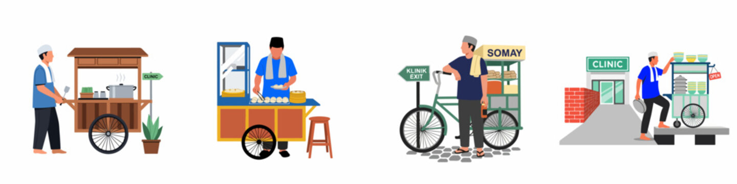 Set of flat vector illustrations depicting an Indonesian street food vendor selling somay from various carts near a clinic environment.