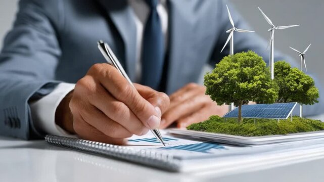 Green Energy Investment Plan: A businessman in a suit carefully writes on a document, with a miniature model of a sustainable energy landscape featuring wind turbines, solar panels, and lush greenery.
