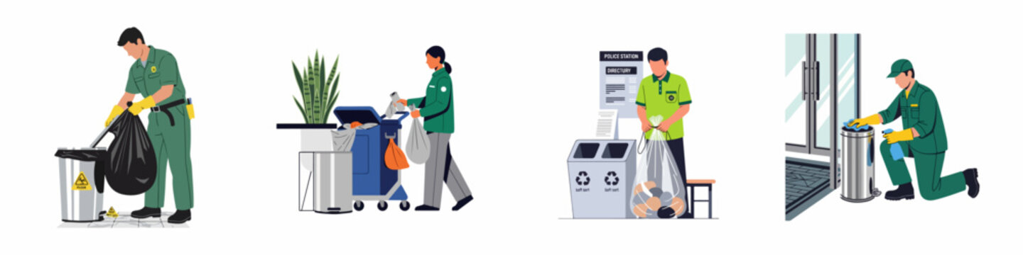 Vector illustration set of professional cleaners in green uniforms performing various waste management and sanitization tasks in public and office environments.