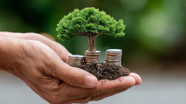 Nurturing Growth: A tiny tree, symbolizing growth and prosperity, is carefully planted in soil atop a stack of coins held in cupped hands, representing investment and financial well-being.