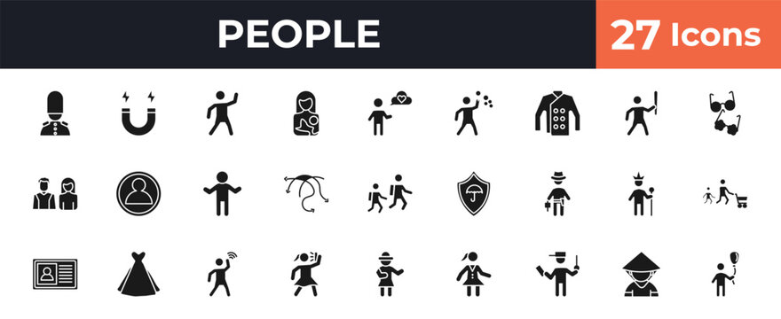 filled people icons set - queens guard, electromagnet, man thinking about love, chinese man. editable vector for web and mobile ui