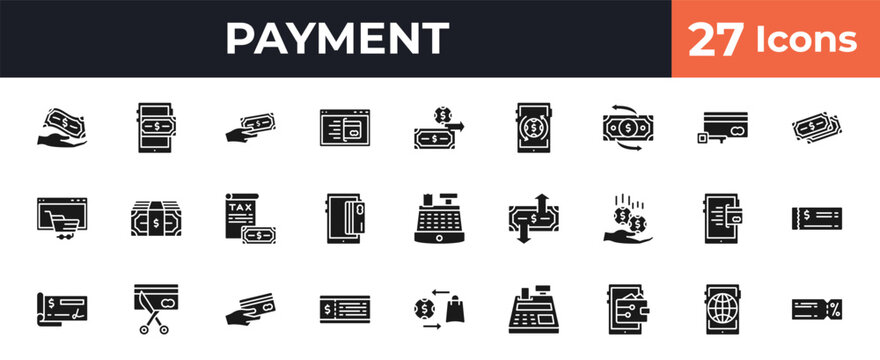 filled payment icons set - buyer, mobile money, pay, mobile web. editable vector for web and mobile ui