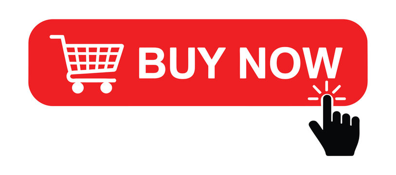 Buy now red button icon collection, click hand cursor symbols, online shopping call to action graphics, ecommerce purchase interface elements, web store buttons, modern flat vector illustration design