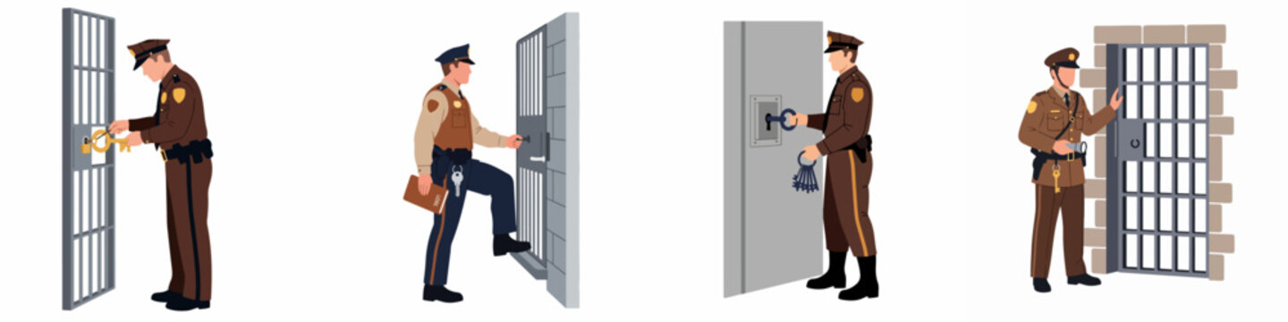 Flat vector illustration set of a prison guard or corrections officer in uniform performing duties like unlocking cell doors and patrolling.
