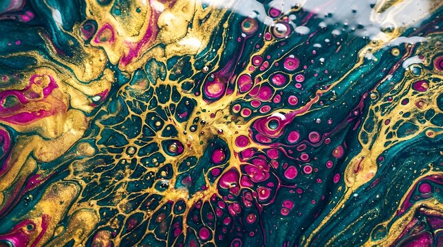 Latar Belakang Abstrak Fluid Art Cat Akrilik Teal Emas dan Magenta