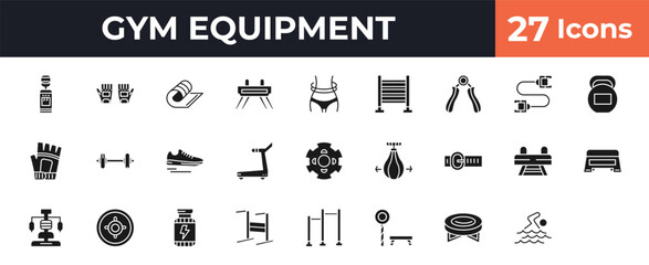 filled gym equipment icons set - water hine, gym gloves, waist, jumping equipment. editable vector for web and mobile ui © IconArt