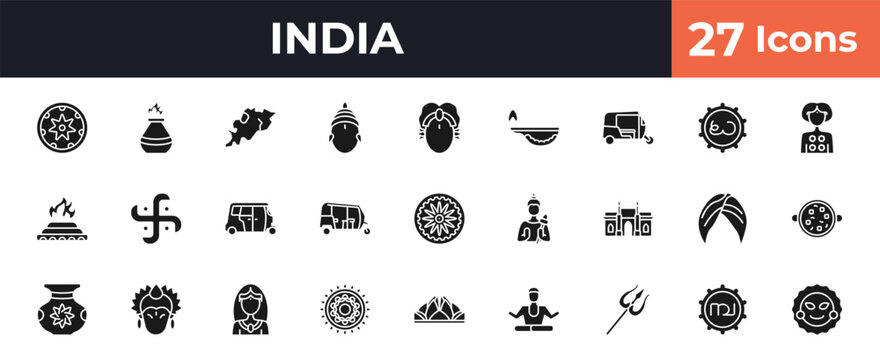 filled india icons set - bihu, tandoori, parvati, tamil language. editable vector for web and mobile ui
