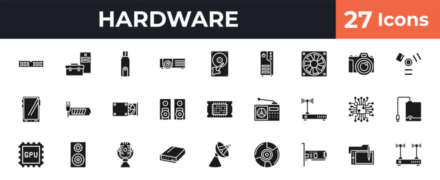 filled hardware icons set - random access memory, device manager, harddrive, wacom. editable vector for web and mobile ui