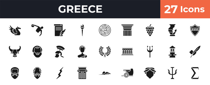 filled greece icons set - pegasus, sports games, labyrinth, psi. editable vector for web and mobile ui