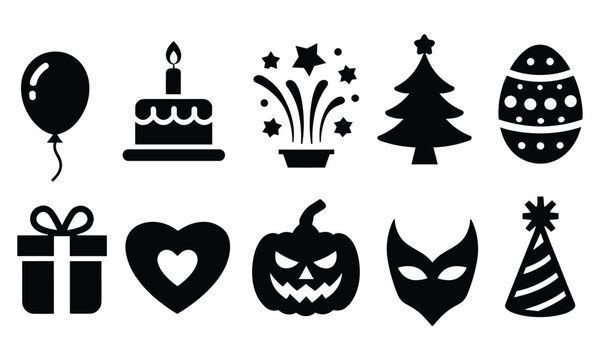 Comprehensive collection of black flat holiday icons featuring festive symbols for birthday, Christmas, and Halloween events.