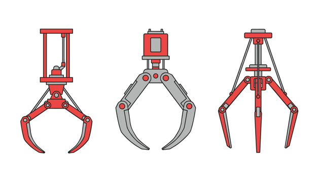 Industrial hydraulic grabs and heavy duty mechanical claws designed for material handling and construction machinery operations in warehouses.